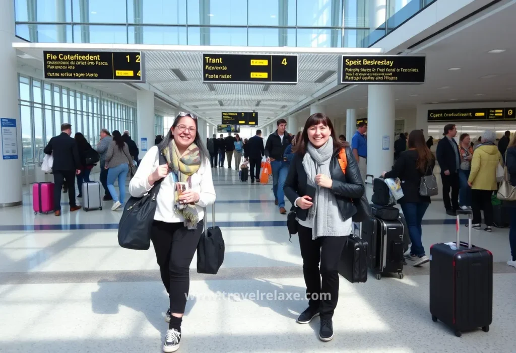 happy travelers in the airport in Malaga